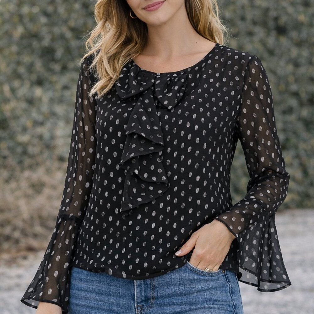 Black Silk Polka Dot Blouse XS | Metallic Long Sleeve Bow Tie Workwear Top